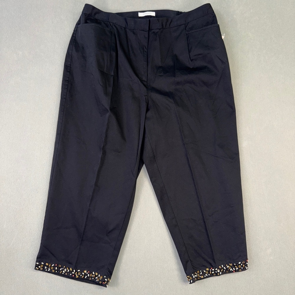 Dressbarn Woman Black Beaded Hem Cropped Pants Size 14W Cotton Stretch Trousers
